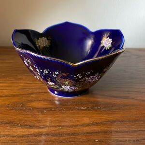 Vintage Japan cobalt blue peacock lotus dish bowl trinket